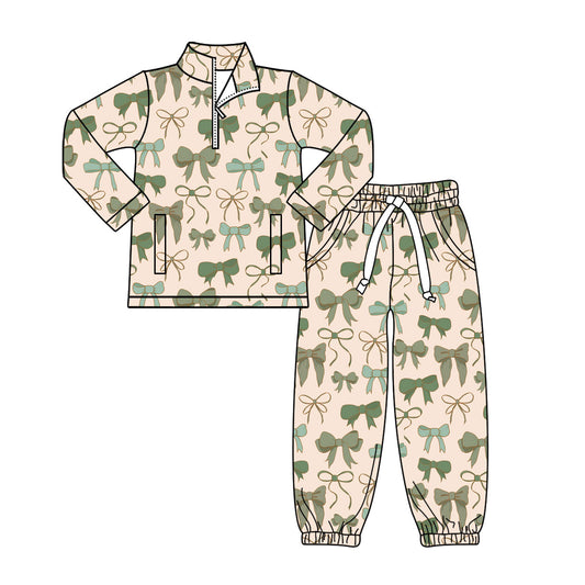 Preorder(moq 8)Baby Girls Green Bows Plaid Zipper Pockets Pullovers Jogger Pant Clothes Sets