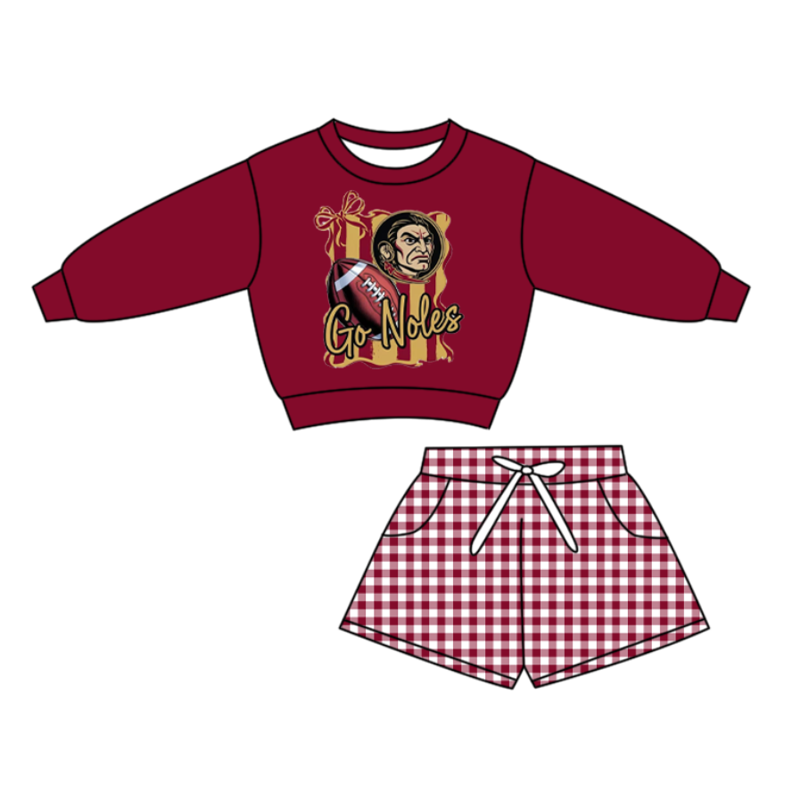 Preorder(moq 5) Baby Boys Go Noles Footballs Red Checked Pockets Shorts Team Clothes Sets