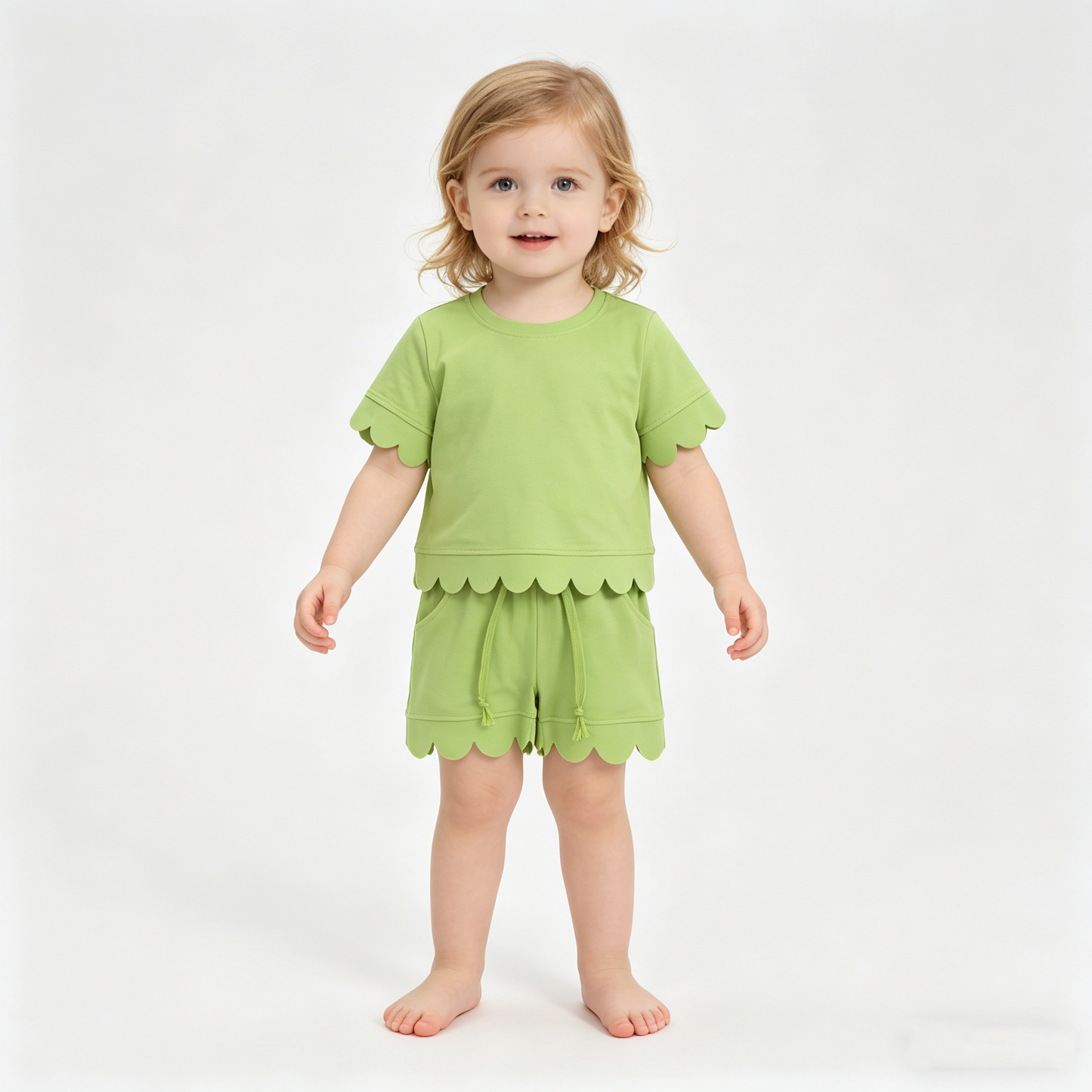 Sibling Baby Girls Short Sleeve Top Pockets Shorts Scallop Cotton Clothes Sets