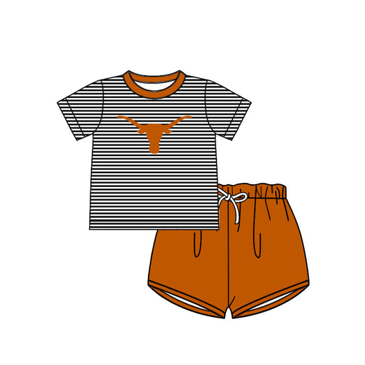 Preorder (moq 5)Baby Boys Black Stripe Bull Skulls Top Orange Shorts Team Clothes Sets