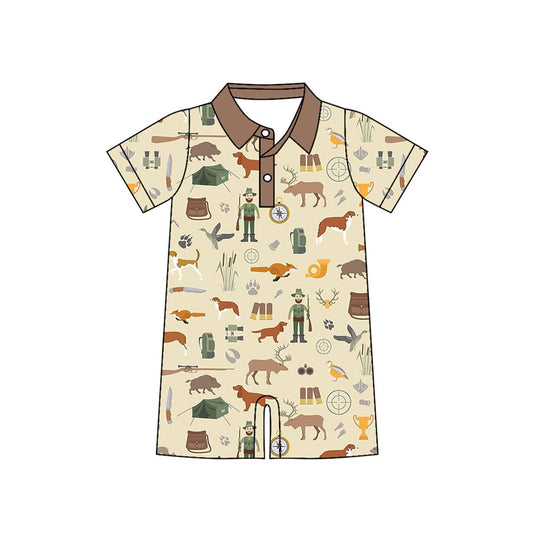 Preorder (moq 5)Baby Boys Deer Dogs Button Hunting Short Rompers