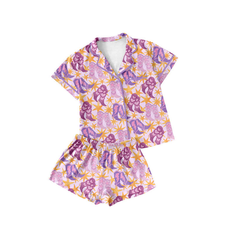 Preorder(moq 5) Baby Girls Pink Stars Boots Button Pockets Top Shorts Western Pajamas Sets