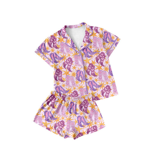 Preorder(moq 5) Baby Girls Pink Stars Boots Button Pockets Top Shorts Western Pajamas Sets