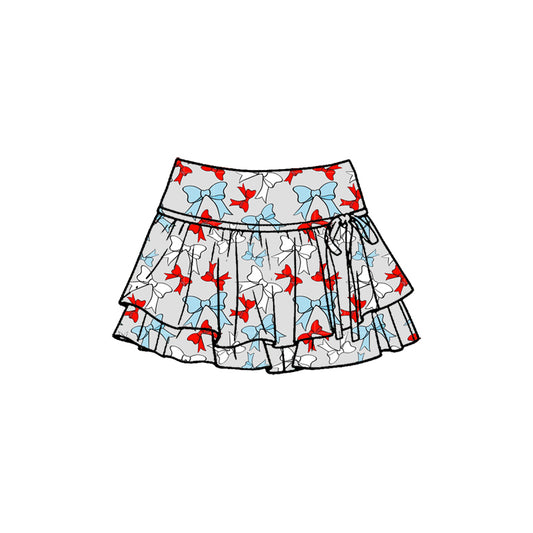 Preorder (moq 5)Baby Girls Red Blue Bows 4th of July Double Ruffle Skirt Shorts Bottom