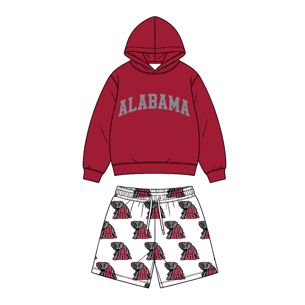 Preorder (moq 5) Baby Boy Clothes Alabama Letter & Elephant Logo Print Long Sleeve Hoodie & Elastic Waist Short Set