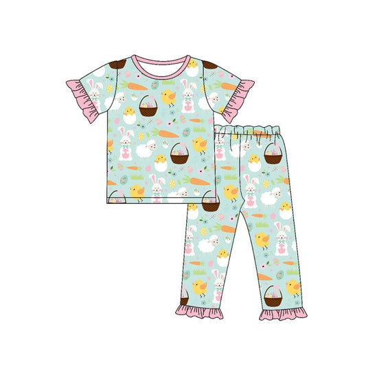 Preorder(moq 8)Baby Girls Rabbits Eggs Carrots Top Ruffle Pant Easter Pajamas Sets