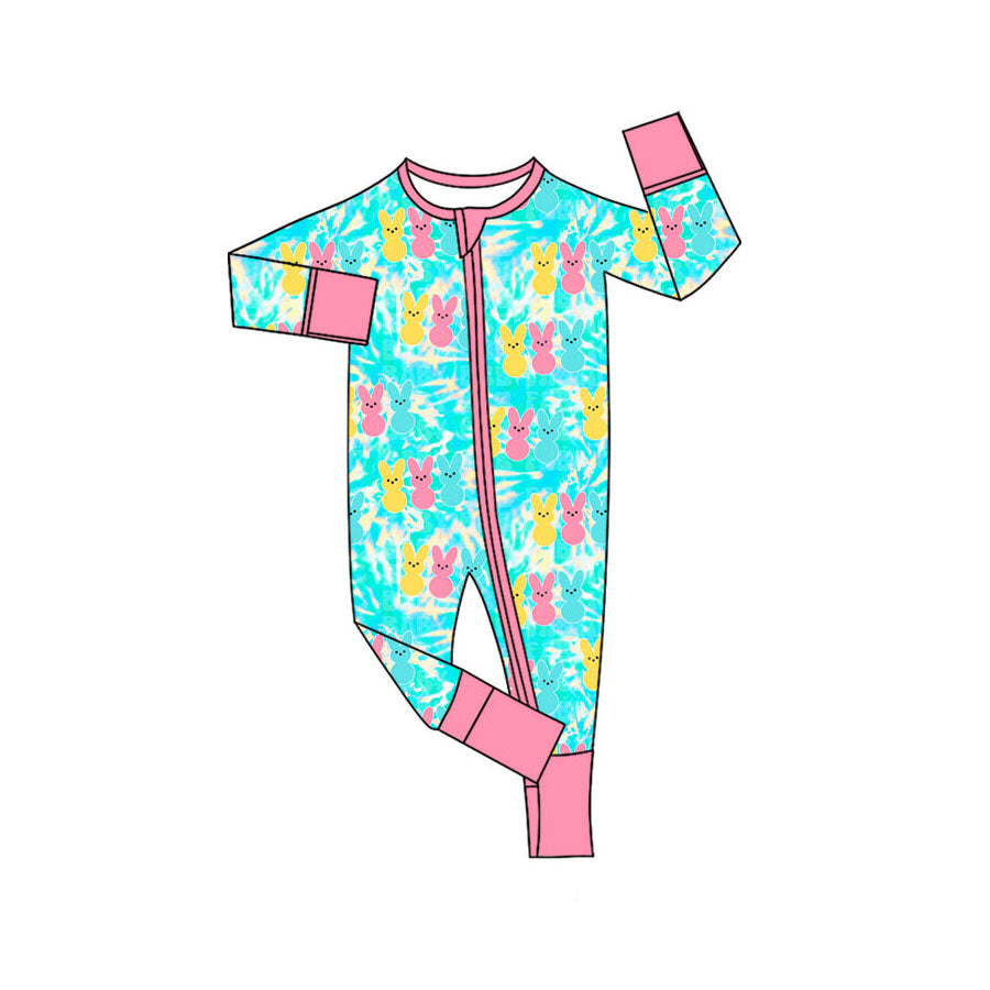 Preorder (moq 5)Baby Girls Colorful Rabbits Easter Two Way Zip Convertible Rompers