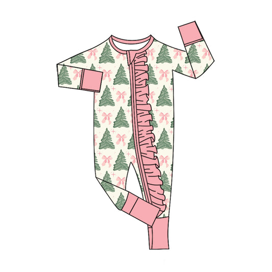 Preorder (moq 5) Baby Girls Bows Trees Christmas Two Way Ruffle Zip Convertible Rompers