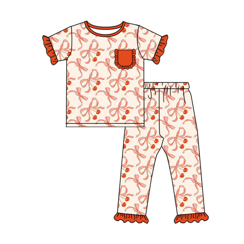 Preorder(moq 8)Baby Girls Red Bows Cherry Pocket Top Ruffle Pants Pajamas Sets