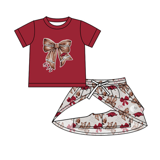 Preorder (moq 5)Baby Girls Red Football Bows Top Bulls Skirt Shorts Team Clothes Sets