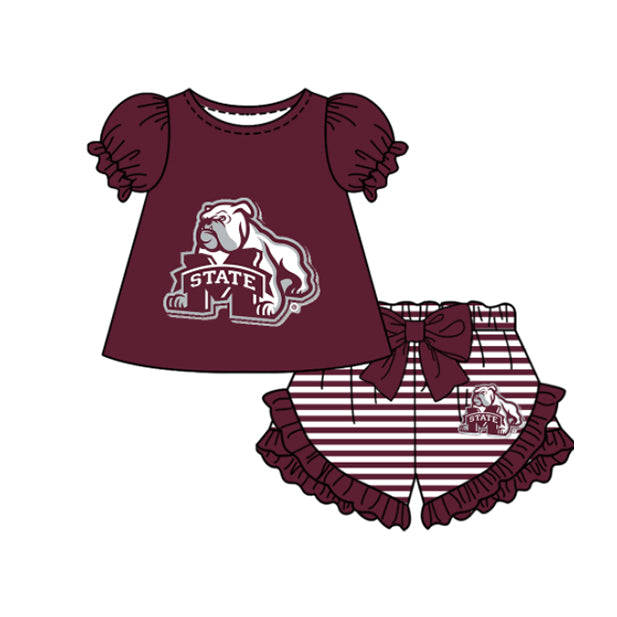 Preorder moq 5 Baby Girls Short Sleeve M Bulldogs Top Stripe Ruffle Short Team Clothes Sets
