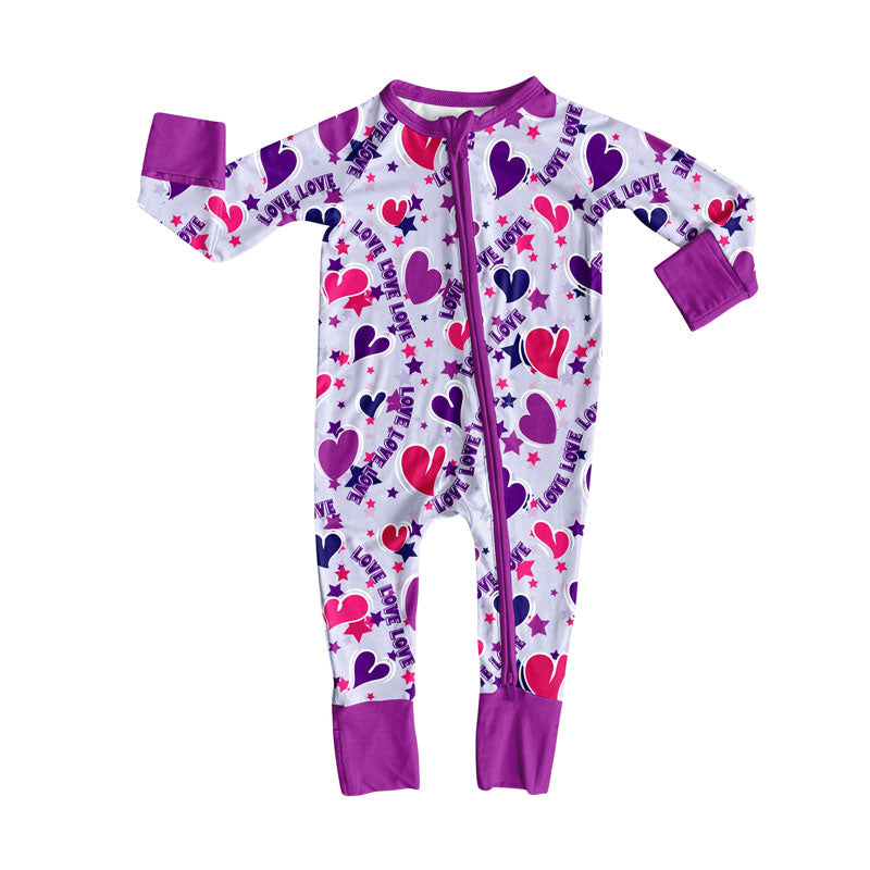 Preorder (moq 5)Baby Girls Purple Hearts Loves Valentine Zipper Footie Rompers