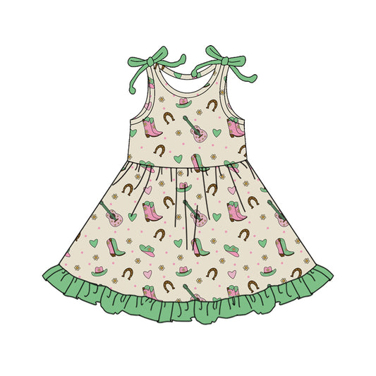 Preorder (moq 5)Baby Girls Bows Sleeveless Heart Boot Guitars Western Ruffle Knee Length Dresses