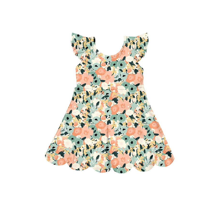 Preorder (moq 5)Baby Girls Flutter Sleeve Colorful Floral Scallop Knee Length Dresses