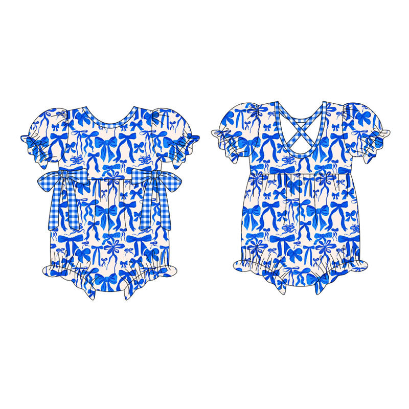 Preorder (moq 5)Baby Girls Hot Blue Bows Plaid Ruffle Pockets Rompers