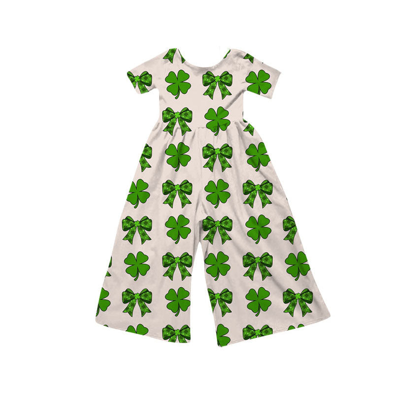 Preorder(moq 8)Baby Girls Short Sleeve Green Bows Clovers St Patrick Pants Jumpsuits