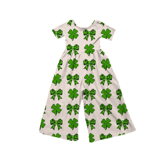 Preorder(moq 8)Baby Girls Short Sleeve Green Bows Clovers St Patrick Pants Jumpsuits