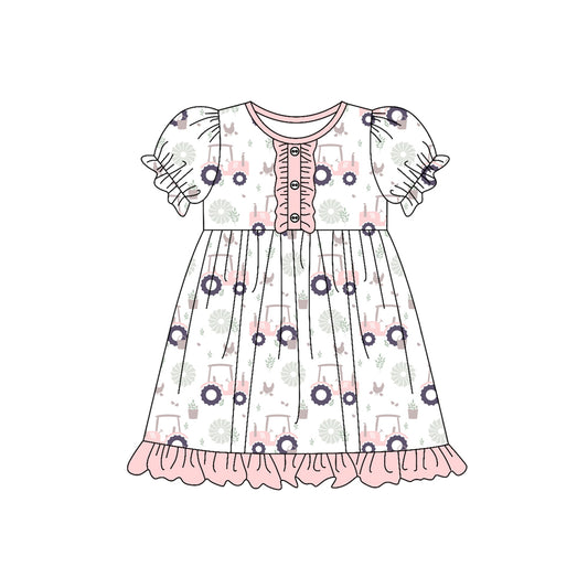 Preorder (moq 5)Baby Girls Short Ruffle Sleeve Chicks Trucks Farm Knee Length Dresses