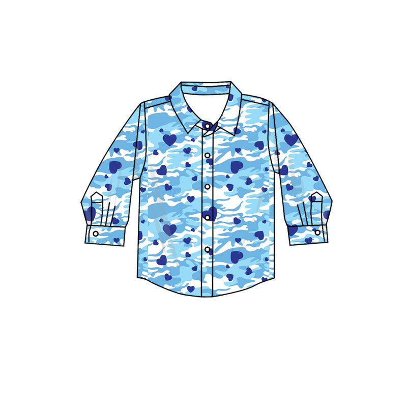 Preorder (moq5) Baby Boys Blue Camo Hearts Valentines Button Shirts Top