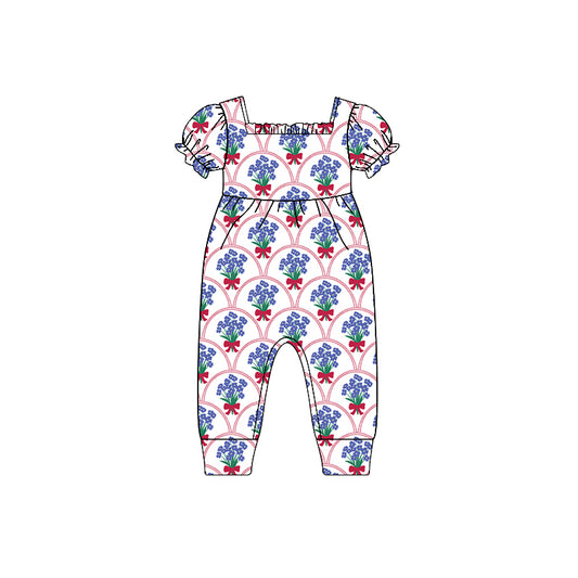 Preorder(moq 5)Baby Infant Girls Blue Flowers Bows Summer Rompers