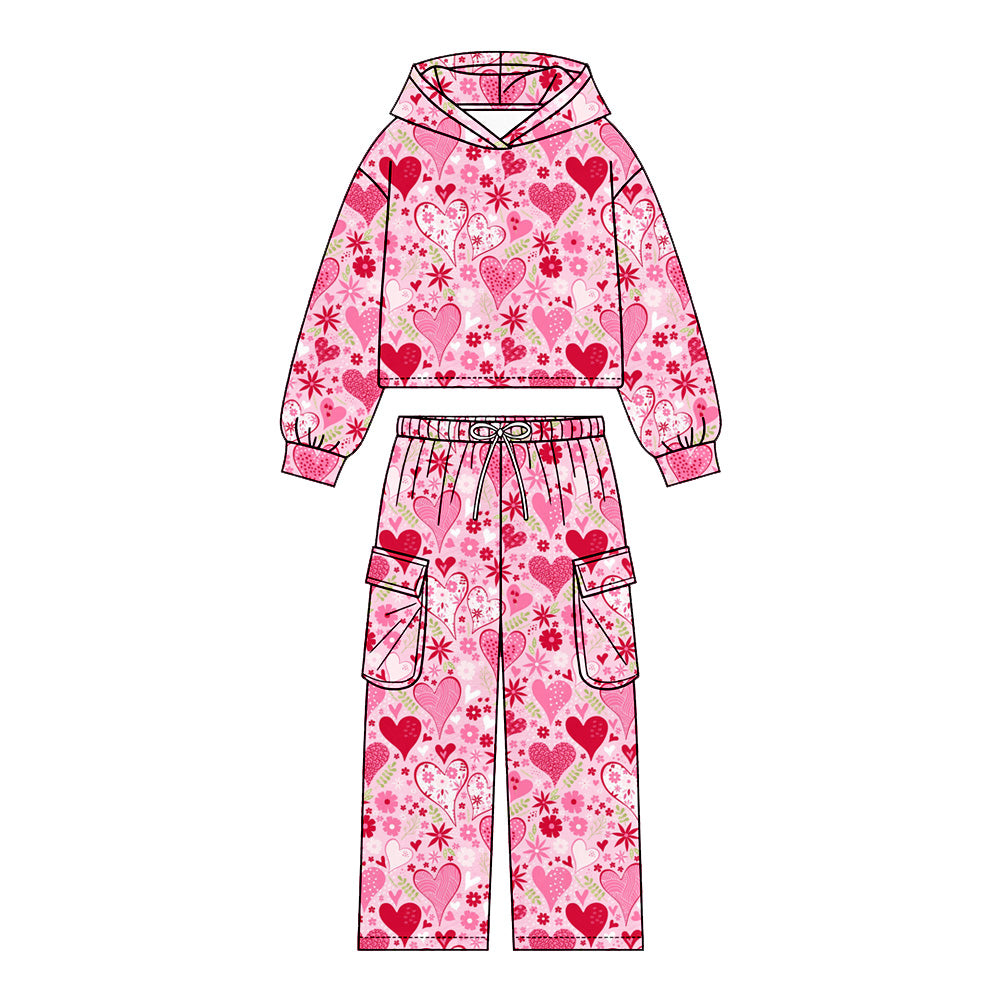 Preorder (moq 5) Girls’ Fall Valentine’s Day Pink Heart Bow Pocket Crewneck Sweatshirt & Wide-Leg Pants Set