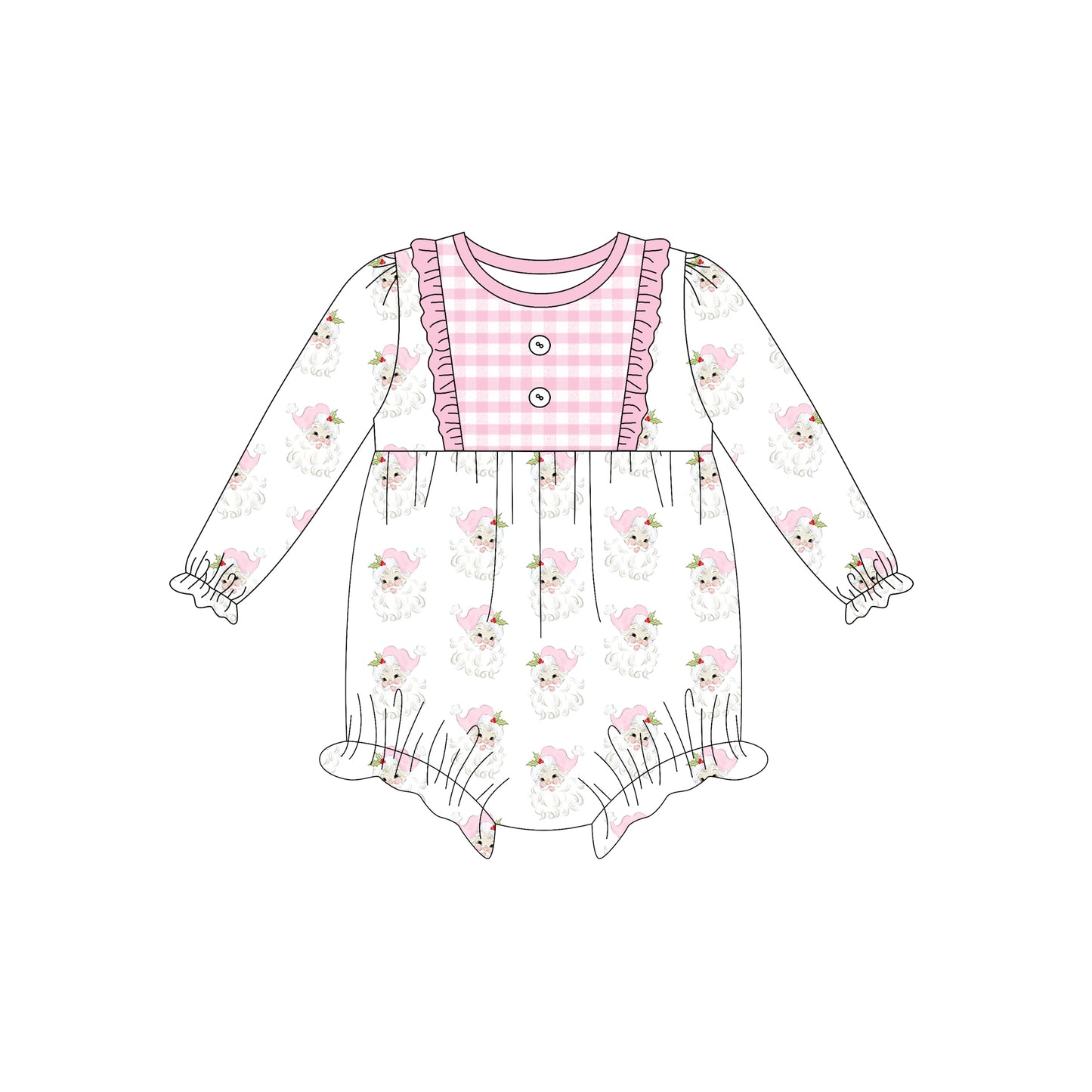 Preorder (moq 5)Baby Girls Long Ruffle Sleeves Pink Santa Plaid Button Romper
