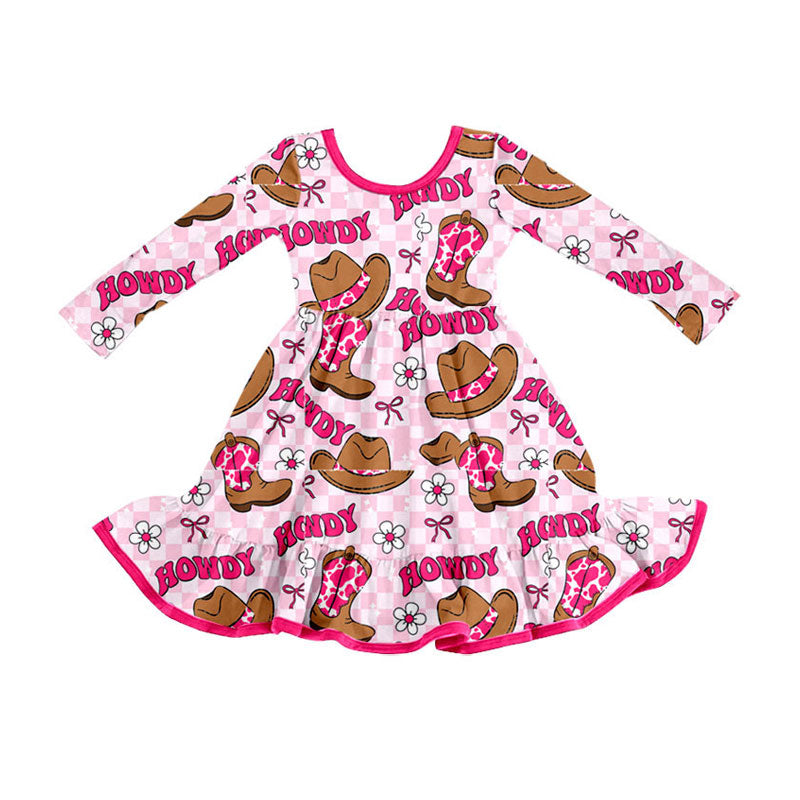 Preorder(moq 8)Baby Girls Pink Checked Hats Boots Howdy Western Ruffle Knee Length Dresses