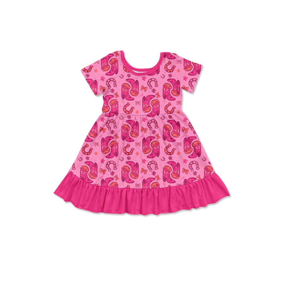 Preorder (moq 5)Baby Girls Bow Boots Western Ruffle Knee Length Dresses