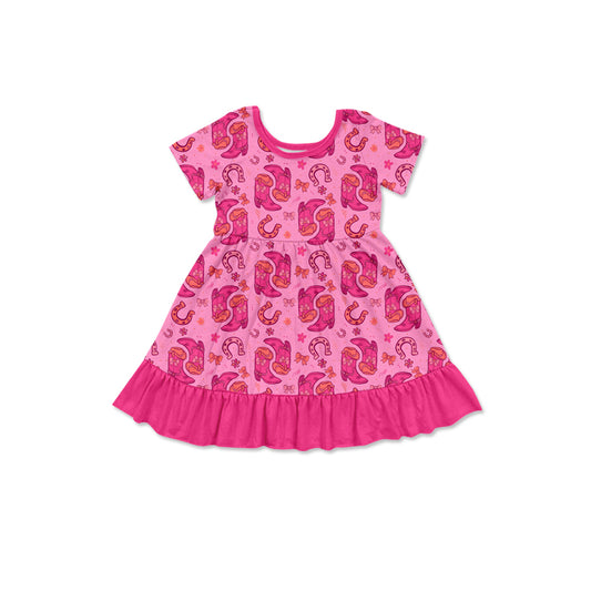 Preorder (moq 5)Baby Girls Bow Boots Western Ruffle Knee Length Dresses