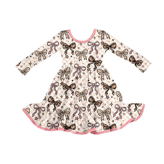 Preorder (moq 5)Baby Girls Bows Stars Checked Ruffle Knee Length Dresses