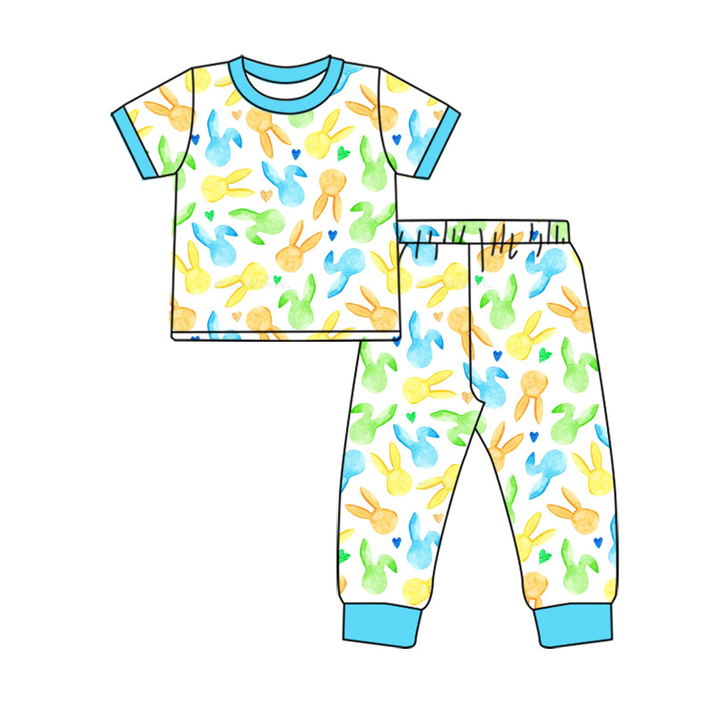 Pre-order(moq5) Boys Clothes High-Quality Easter Bunny Print  Short Sleeve Long Pants Pajama Set