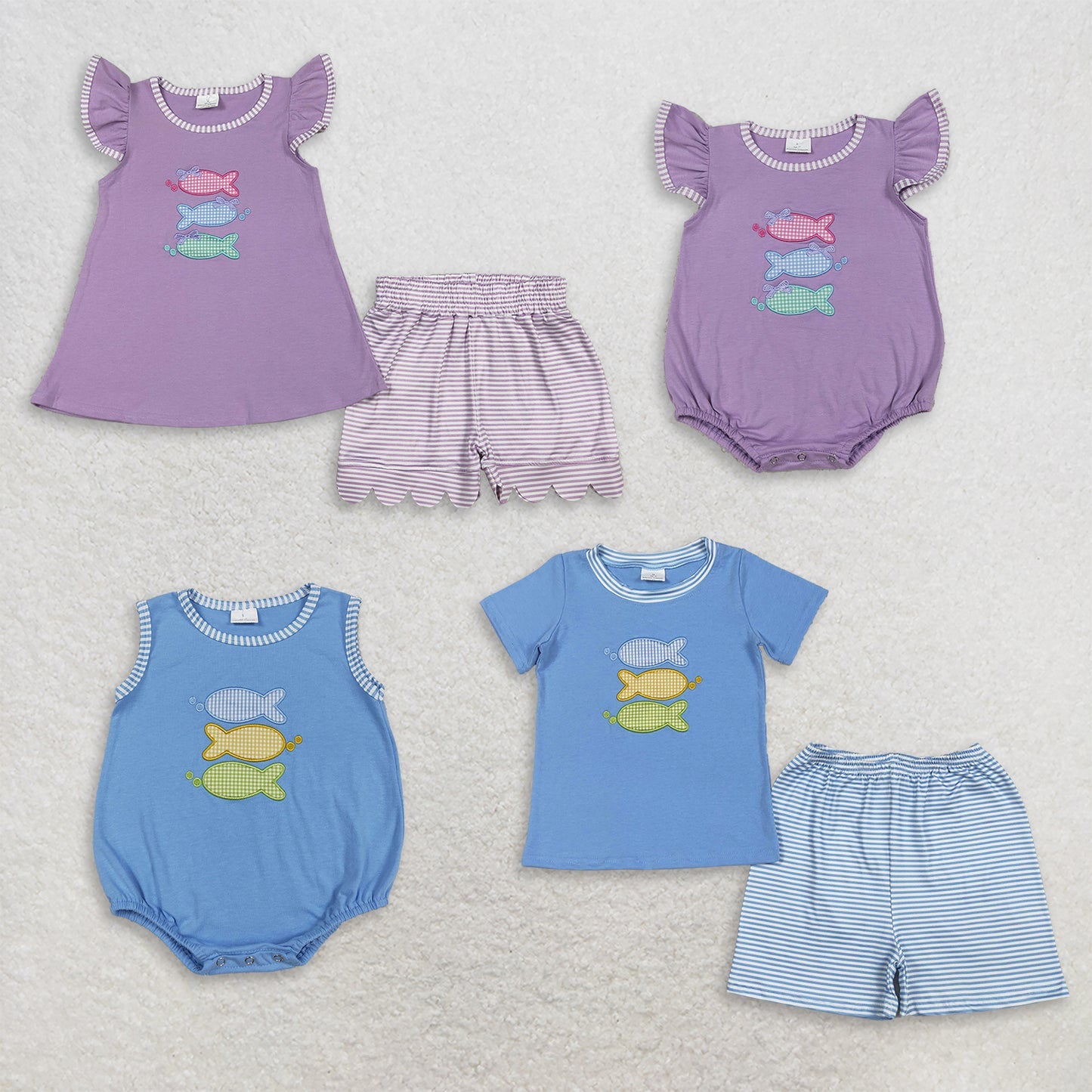 Sibling Baby Kids Embroidery Fishes Top Stripe Short Hunting Clothes Set Rompers