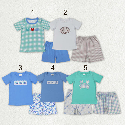 Sibling Baby Boys Short Sleeve Embroidery Sea World Beach Top Shorts Clothes Sets