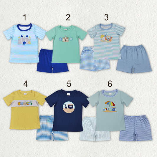 Sibling Baby Boys Short Sleeve Embroidery Beach Castles Top Shorts Clothes Sets