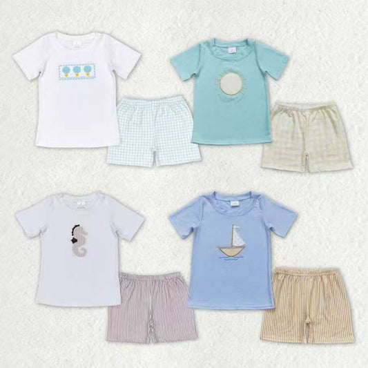Sibling Baby Boys Short Sleeve Embroidery Sea Boats Top Shorts Clothes Sets
