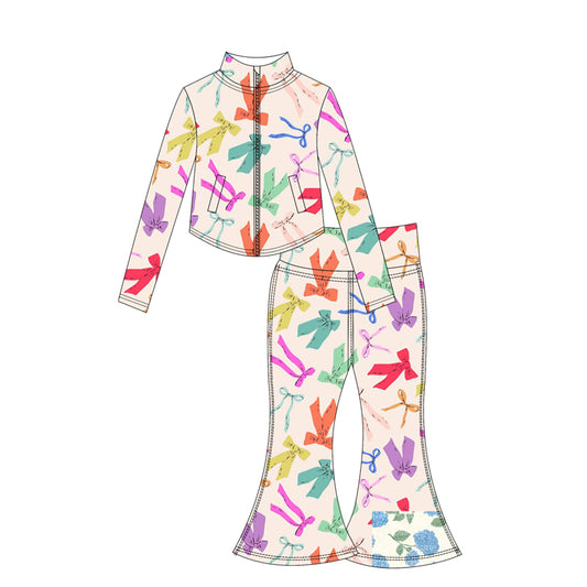 Preorder moq 10 Baby Girls Colorful Bows Long Sleeves Pockets Zipper Top Bell Bottom Pant Activity Wear Yoga Set