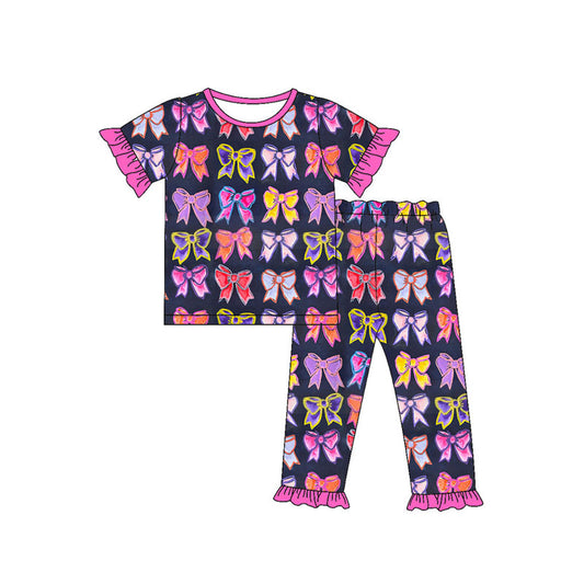 Preorder(moq 5) Baby Girls Colorful Bows Plaid Top Ruffle Pants Pajamas Sets