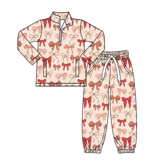 Preorder(moq 8)Baby Girls Red Bows Plaid Zipper Pockets Pullovers Jogger Pant Clothes Sets