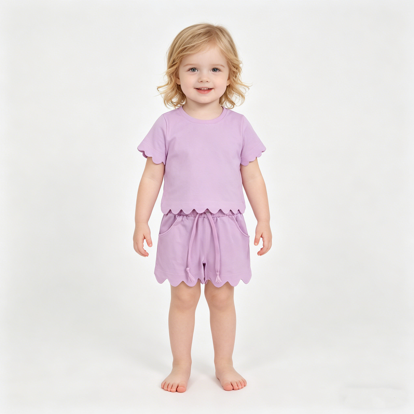 Mama and Me Girls Pink Top Pockets Short Scallop Cotton Clothes Sets