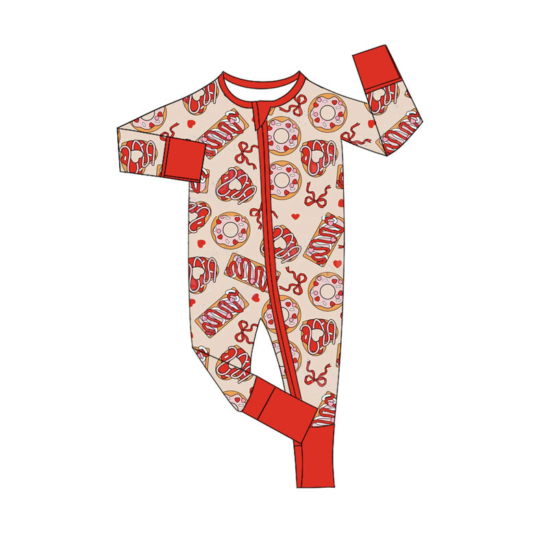 Preorder (moq 5)Baby Girls Red Bows Donuts Valentine Zipper Footie Rompers
