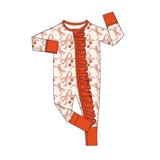 Preorder (moq 8)Baby Girls Red Bows Cherry Ruffle Zipper Footie Rompers