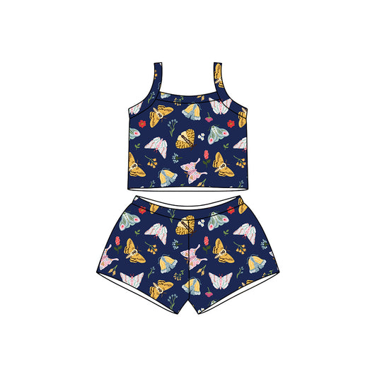Preorder moq 5 Baby Girls Navy Strap Butterfly Flowers Top Short Clothes Sets