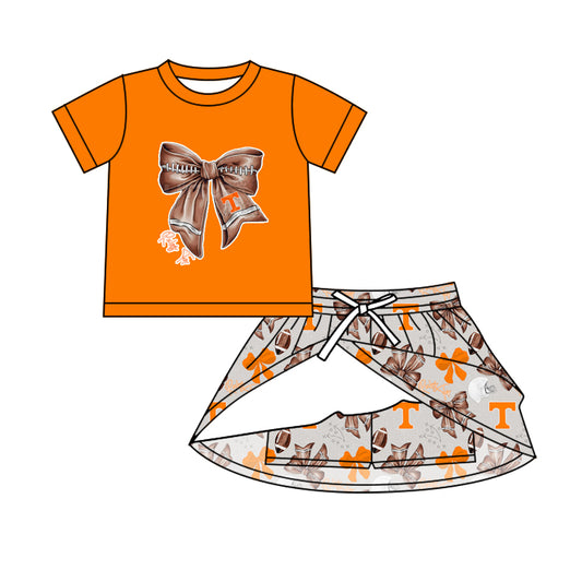 Preorder (moq 5)Baby Girls Orange Football Bows Top T Skirt Shorts Team Clothes Sets