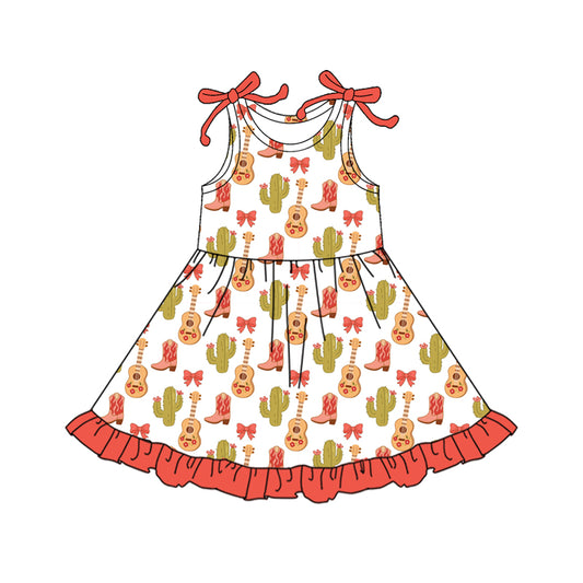 Preorder (moq 5)Baby Girls Bows Sleeveless Cactus Boot Guitars Western Ruffle Knee Length Dresses
