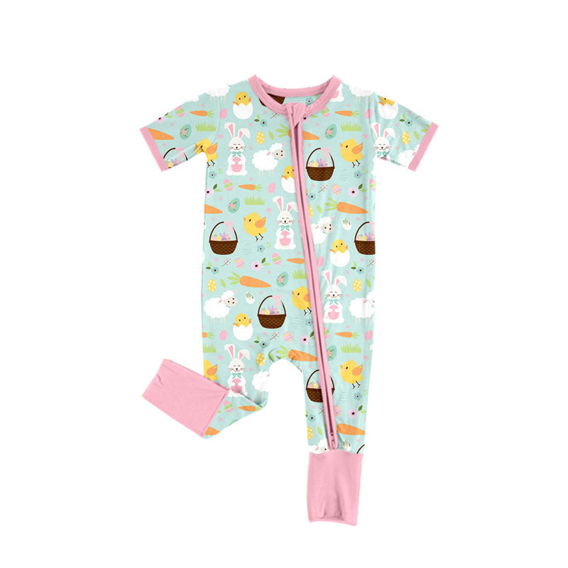 Preorder(moq 8)Baby Girls Rabbits Eggs Carrots Easter Zipper Footie Rompers