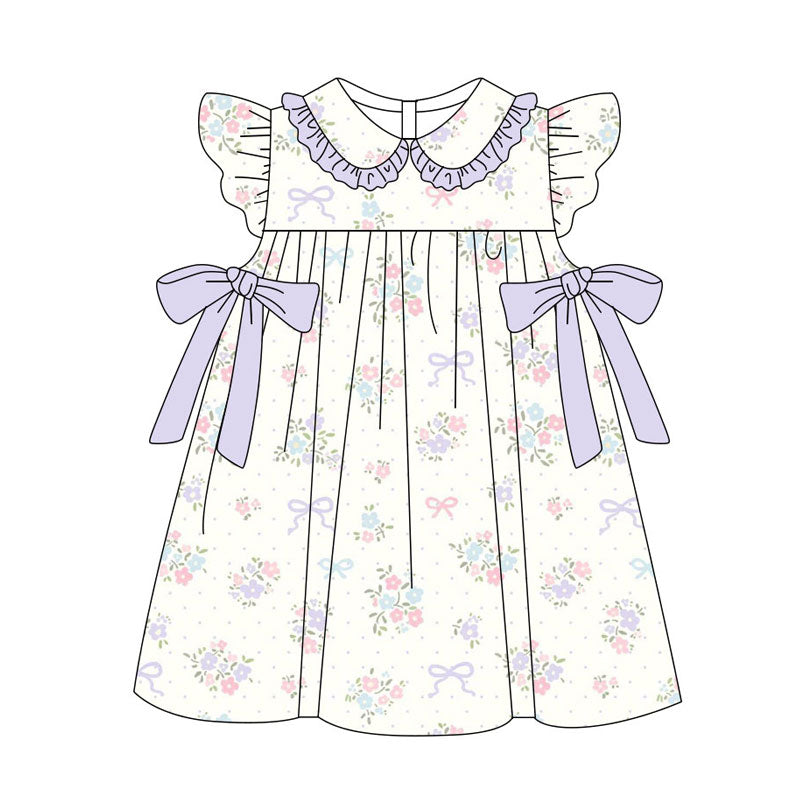 Preorder(moq 5) Baby Girls Flutter Sleeve Flowers Bows Knee Length Dresses