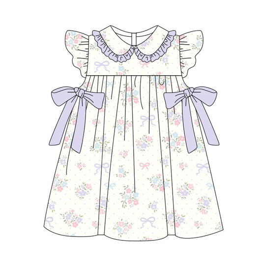 Preorder(moq 5) Baby Girls Flutter Sleeve Flowers Bows Knee Length Dresses