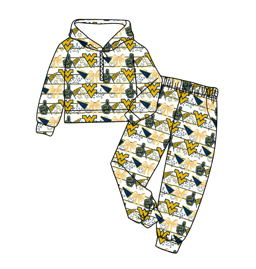 Preorder(moq 5) Baby Boys WV Bows Go Team Cheer Zipper Hoodies Pockets Pants Clothes Sets