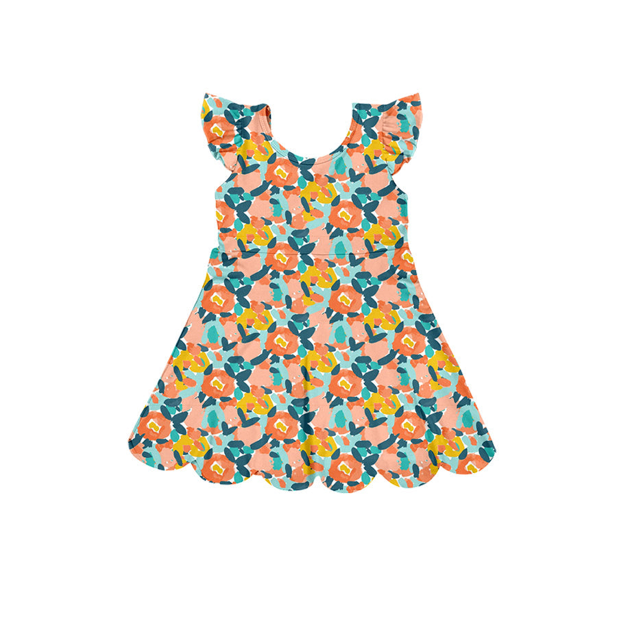 Preorder (moq 5)Baby Girls Flutter Sleeve Colorful Floral Scallop Knee Length Dresses