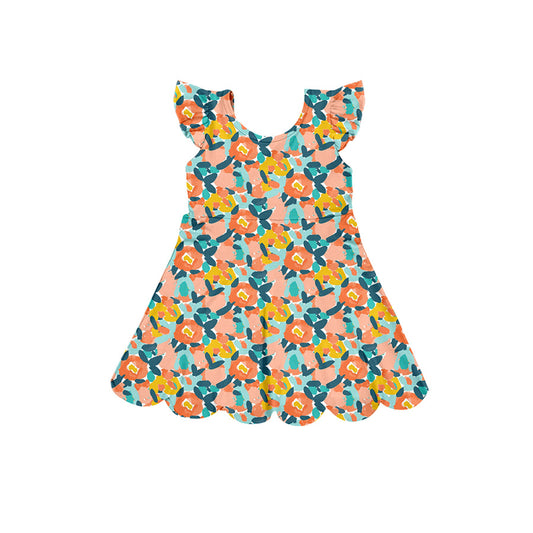 Preorder (moq 5)Baby Girls Flutter Sleeve Colorful Floral Scallop Knee Length Dresses